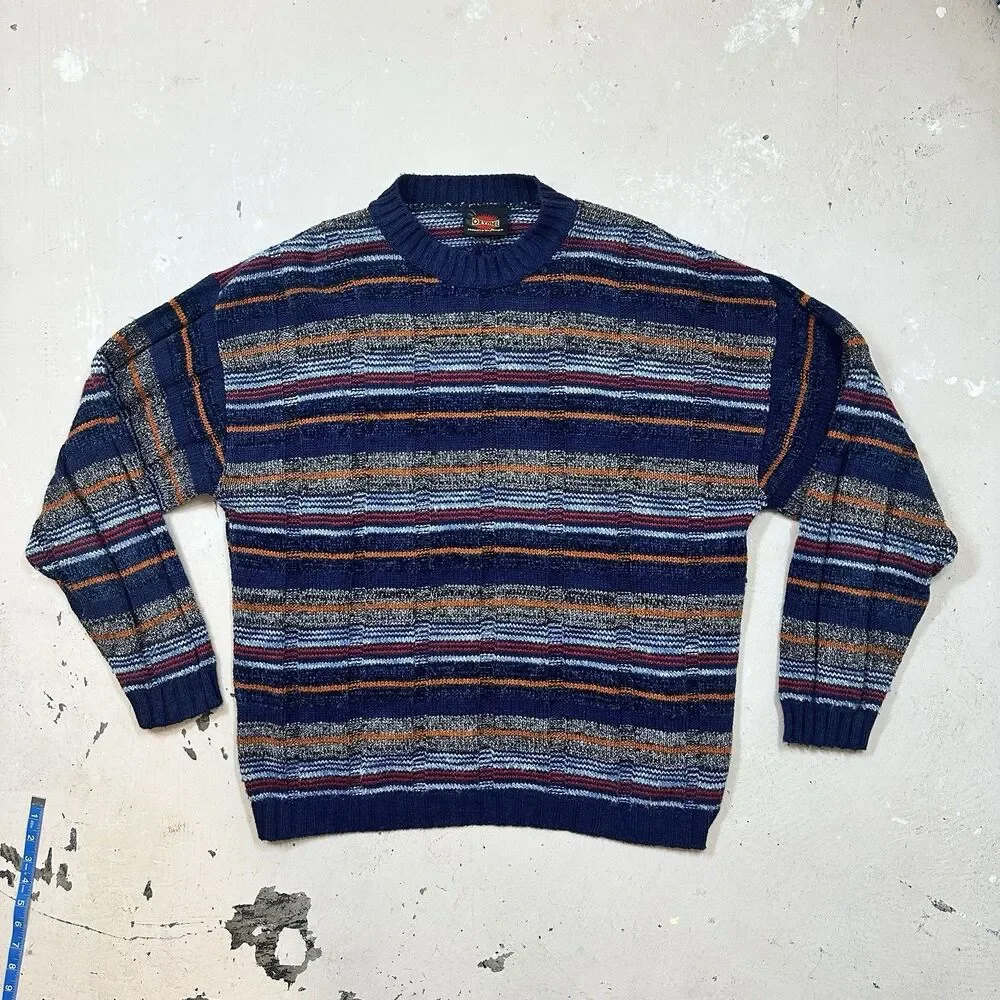 OXYMEL Mens V-Neck Jumper Sweater Large Navy Blue Multicolor Striped